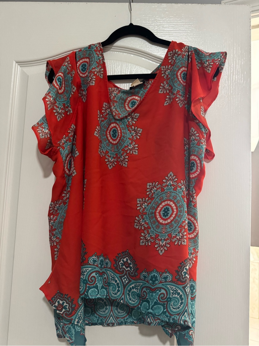 VENUS Orange and Aqua Medallion Ruffle Sleeve Cold Shoulder Blouse/Cover Up
